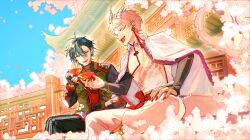  belt black_gloves blue_eyes closed_eyes commentary_request dragon_horns dragon_print earrings ensemble_stars! facial_mark fangs fingerless_gloves fur_trim gloves hair_between_eyes heterochromia highres holding horns itsuki_shu jacket jewelry kagehira_mika long_sleeves official_alternate_costume official_alternate_hairstyle open_clothes open_jacket open_mouth ougonten_(ensemble_stars!) outdoors pants petals pink_hair red_nails ring short_bangs short_hair sitting sky teeth upper_teeth_only utahyaya valkyrie_(ensemble_stars!) white_pants yellow_eyes zodiac_2_(ensemble_stars!) 