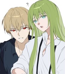  1boy 1other ? androgynous blonde_hair earrings enkidu_(fate) fate/grand_order fate_(series) gilgamesh_(fate) green_eyes green_hair highres jewelry long_hair looking_at_viewer open_mouth red_eyes robe shirt short_hair simple_background smile white_background white_robe yammu 