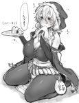  1girl blush breasts character_request cleavage detached_sleeves food hat huge_breasts inayama monochrome mouth_hold onigiri pantyhose plate plump seiza sitting solo translation_request 