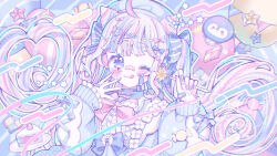  1girl ;3 ;q ahoge bandaid bandaid_on_face bandaid_on_nose blue_bow blue_eyes blue_hat blue_nails blue_shirt blue_streaks blush bow bowtie center_frills closed_mouth commentary_request dot_nose frills grey_hair hair_bow hands_up hat highres holding holding_stylus long_hair long_sleeves looking_at_viewer multicolored_hair multicolored_nails nail_polish one_eye_closed original outline pink_bow pink_bowtie pink_nails pink_streaks sango_(35sangosan) shirt smile solo streaked_hair striped_bow stylus tongue tongue_out twintails upper_body white_outline 