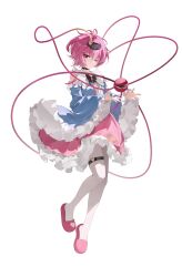  1girl adapted_costume black_choker black_hairband blue_shirt chinese_commentary choker collared_shirt commentary_request detached_sleeves disembodied_linked_eye eyeball floral_print frilled_shirt_collar frilled_skirt frilled_sleeves frills full_body hair_ornament hairband heart heart_hair_ornament highres kenkxx komeiji_satori long_sleeves looking_at_viewer pantyhose pink_eyes pink_hair pink_skirt pink_slippers print_skirt rose_print shirt short_hair skirt sleeveless sleeveless_shirt slippers solo thigh_strap touhou white_pantyhose wide_sleeves 