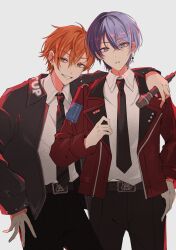  2boys aoyagi_touya arm_around_shoulder awanoo belt black_jacket black_necktie black_pants blonde_hair clenched_teeth collared_shirt commentary_request cowboy_shot earrings eyes_visible_through_hair fingernails green_eyes grey_background grey_eyes hair_between_eyes hand_up highres holding holding_microphone jacket jewelry lapels layered_clothes long_sleeves looking_at_viewer male_focus microphone mole mole_under_eye multicolored_hair multiple_boys necktie notched_lapels official_alternate_costume open_clothes open_jacket orange_hair overcome_one's_limits_(project_sekai) pants parted_lips project_sekai shinonome_akito shirt short_hair simple_background smile split-color_hair star_(symbol) star_earrings streaked_hair teeth two-tone_hair white_shirt 
