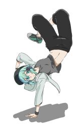  1girl alternate_costume aqua_eyes aqua_hair asagi501 baseball_cap black_hat black_pants breakdance breasts commentary_request double-parted_bangs green_shoes green_trim grey_shirt hair_between_eyes hair_ornament hairclip handstand hat jacket looking_at_viewer medium_breasts medium_hair messy_hair midriff navel neon_trim one_arm_handstand pants pants_rolled_up parted_lips shirt shoes simple_background sinon sneakers solo sword_art_online three-quarter_sleeves white_background white_jacket 