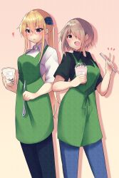  2girls apron black_shirt blonde_hair brown_hair commentary_request cup disposable_cup green_apron heaven_burns_red highres kayamori_ruka long_hair multiple_girls open_mouth puyopiku red_eyes shirakawa_yuina shirt short_hair spoon violet_eyes white_shirt 