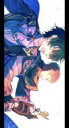  2boys black_gloves black_hair commentary ensemble_stars! floating_hair frilled_sleeves frills gloves hand_up hoshi_no_meidou_(ensemble_stars!) itsuki_shu kagehira_mika male_focus multiple_boys official_alternate_costume open_mouth pink_hair short_hair sideways simple_background teeth untranslatable_commentary upper_body utahyaya valkyrie_(ensemble_stars!) white_background yellow_eyes 