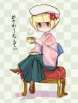  1girl beret blonde_hair boots brown_eyes checkered checkered_background crossed_legs cup flower galibo hair_flower hair_ornament hat japanese_clothes kimono mackenzie obi osawari_tantei saucer shaded_face sitting teacup 
