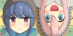  2girls beanie black_hat blue_eyes blue_hair blue_scarf blurry blurry_background blush brown_scarf closed_mouth commentary_request dot_nose double-parted_bangs earflap_beanie food green_background green_scarf grey_scarf hair_between_eyes hat highres kagamihara_nadeshiko looking_at_viewer multicolored_scarf multiple_girls nao_suke onigiri open_mouth pink_hair portrait scarf shima_rin smile straight-on swept_bangs two-tone_background upside-down violet_eyes yellow_background yurucamp 