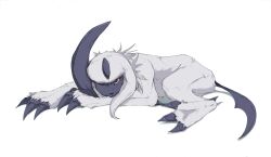  absol animal_focus avocado_539 bright_pupils claws full_body highres horns looking_at_viewer lying mane neck_fur no_humans on_stomach pokemon pokemon_(creature) pokemon_focus red_eyes simple_background single_horn solo white_background white_fur white_pupils 