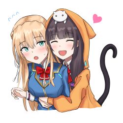  2girls :d :o ^_^ absurdres animal_hood animal_on_head asakura_karen_(heaven_burns_red) blonde_hair blue_jacket blunt_bangs blush bow bowtie breasts cat cat_hood cat_on_head cat_tail closed_eyes collared_shirt commentary cropped_torso eyelashes eyes_visible_through_hair flying_sweatdrops hair_between_eyes hair_ribbon hand_up happy heart heaven_burns_red highres hood hood_up hooded_jacket hug hug_from_behind jacket large_breasts long_hair long_sleeves looking_at_viewer low_twintails multiple_girls on_head open_mouth orange_jacket red_bow red_bowtie ribbon shirt sidelocks simple_background smile sweatdrop tail tail_raised toujou_tsukasa tsurime tsurugi_hisui twintails upper_body white_background white_ribbon white_shirt yuri 