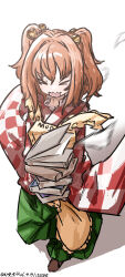  >_< 1girl absurdres apron bell book checkered_clothes checkered_kimono closed_eyes commentary_request dated from_above green_skirt hair_bell hair_ornament highres japanese_clothes kimono medium_hair motoori_kosuzu one-hour_drawing_challenge orange_hair skirt solo touhou twitter_username two_side_up ve1024 yellow_apron 