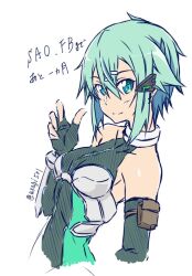  1girl aqua_bodysuit aqua_eyes aqua_hair arm_pouch armor armored_bodysuit artist_name asagi501 bare_shoulders black_bodysuit black_gloves black_sleeves bodysuit breasts closed_mouth copyright_name detached_sleeves fingerless_gloves gloves hair_ornament hairclip hand_up highres long_sleeves looking_at_viewer medium_breasts medium_hair messy_hair multicolored_bodysuit official_alternate_costume simple_background sinon sinon_(sao:fb) sketch sleeveless sleeveless_bodysuit smile solo split_mouth sword_art_online sword_art_online:_fatal_bullet translation_request twitter_username upper_body vambraces white_armor white_background 