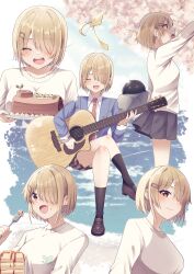  1girl :d ^_^ absurdres acoustic_guitar black_shoes black_skirt black_socks blonde_hair blue_shirt breasts cake cake_slice closed_eyes commentary_request crossed_legs facing_viewer food fork full_body guitar hair_ornament hair_over_one_eye hairclip hairpin happy heaven_burns_red highres instrument kayamori_ruka kneehighs long_bangs looking_at_viewer multiple_views narby_(heaven_burns_red) necktie one_eye_covered playing_guitar playing_instrument puyopiku red_eyes red_necktie shirt shoes short_hair sitting skirt smile socks sweater upper_body white_sweater 