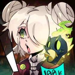  1girl black_lips blazer close-up deadlock_(game) double_bun graves_(deadlock) green_eyes hair_bun hair_over_one_eye health_bar highres jacket jewelry jiansketch school_uniform shirt skull white_hair white_shirt 