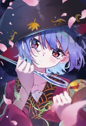  1girl absurdres bowl bowl_hat chinese_commentary closed_mouth collarbone commentary_request diving_penguin falling_petals hat highres holding holding_mallet japanese_clothes kimono long_sleeves looking_at_viewer mallet needle_sword obi petals pink_kimono pink_petals purple_hair sash solo sukuna_shinmyoumaru touhou wide_sleeves 