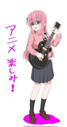  1girl aqua_eyes black_socks bocchi_the_rock! brown_shoes commentary_request corrupted_twitter_file cube_hair_ornament electric_guitar full_body gotoh_hitori guitar hair_ornament highres holding holding_plectrum instrument jacket medium_skirt nekonyan_(inaba31415) one_side_up open_mouth pink_hair pink_jacket playing_instrument pleated_skirt plectrum shaded_face shoes skirt smile socks solo sweatdrop track_jacket translation_request 