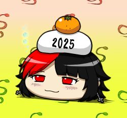  1girl 2025 asymmetrical_hair black_hair cross cross_earrings djkurara djkurara_various ear_cuffs earrings food fruit green_background head_only highres jewelry kagami_mochi mandarin_orange mochi multicolored_hair orange_background red_eyes red_hair silver_earrings smile snake squeans streaked yukkuri_shiteitte_ne 