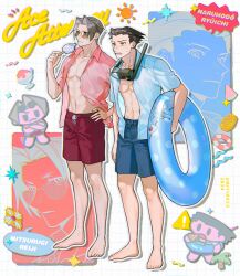  2boys ace_attorney barefoot blue_shirt blue_swim_trunks character_name chibi copyright_name food full_body goggles goggles_around_neck grid_background holding holding_food holding_popsicle holding_swim_ring innertube male_focus miles_edgeworth miying_(ho_ru03_15) multiple_boys open_clothes open_shirt phoenix_wright pink_shirt popsicle red_swim_trunks shaved_ice shirt steel_samurai swim_ring 