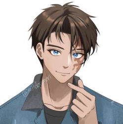  1boy black_hair blue_eyes blue_shirt burn_scar closed_mouth commentary finger_heart hand_up j_(reverse:1999) lowres male_focus milmil7 portrait reverse:1999 scar scar_on_face shirt short_hair smile solo twitter_username white_background 