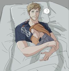  1boy 1girl beard beard_stubble cuddling eva_stratt facial_hair highres hug messy_hair project_hail_mary ryland_grace sleeping soncherry09 stubble 