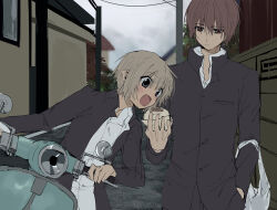  2boys androgynous bag blonde_hair blush brown_eyes brown_hair closed_mouth collared_shirt commentary_request expressionless feeding food gakuran grey_eyes highres kasukasugom1 kusanagi_naoya long_sleeves male_focus motor_vehicle motorcycle multiple_boys natsume_kei_(sakura_no_uta) open_mouth plastic_bag sakura_no_uta school_uniform shirt short_hair steamed_bun white_shirt 