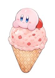  blue_eyes blush_stickers closed_mouth colored_skin commentary_request dated_commentary dreamaya food food_focus fruit ice_cream ice_cream_cone kirby kirby_(series) looking_ahead lying on_food on_stomach pink_skin red_shoes shoes simple_background smile solo strawberry white_background 