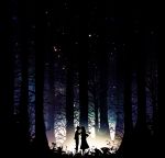  1boy 1girl eren_jaeger forest harada_miyuki highres mikasa_ackerman nature scarf shingeki_no_kyojin silhouette 