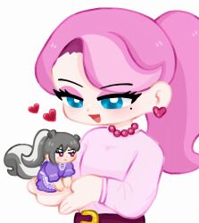  2girls :d blue_eyes dress earrings grey_hair heart heart_earrings highres holding holding_mini_person jewelry kittytoto-12345 littlest_pet_shop littlest_pet_shop_(2012) mini_person mitzi_(lps) mole mole_under_eye multiple_girls necklace pearl_necklace pepper_clark personification pink_eyes pink_hair pink_shirt ponytail purple_dress shirt single_hair_streak smile white_background 