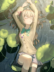  1girl absurdres arms_up black_thighhighs bow bowtie brown_hair cardigan closed_eyes clover commentary_request green_bow green_bowtie hair_bow heart highres lily_pad lying neuro-sama on_back pin pool red_bow skirt sleeping solo thigh-highs vedal987 vedal_ai water yida_wh 