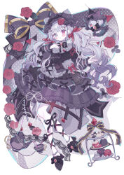  1girl :o black_bow black_dress black_ribbon black_shoes blue_eyes blunt_bangs blush bow commentary_request dress flower food footwear_bow frilled_dress frills full_body grey_hair hair_bow hair_ornament hand_up heterochromia highres long_sleeves looking_at_viewer macaron neck_ribbon open_mouth original red_bow red_eyes red_flower red_rose ribbon rose sango_(35sangosan) shoes solo standing tiered_tray twintails watermark x_hair_ornament 