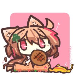  1girl ahoge animal_ear_fluff animal_ears border brown_hair cat_ears cat_girl cat_tail closed_mouth commentary_request double-parted_bangs food full_body hair_between_eyes japanese_clothes jitome kimono long_hair long_sleeves meat omelet omurice orange_kimono original outside_border pink_background pink_eyes shiroyama_ab simple_background sitting sleeves_past_fingers sleeves_past_wrists solo tail tail_wagging white_border 