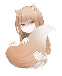  1girl absurdres animal_ear_fluff animal_ears blunt_bangs brown_hair closed_mouth commentary cropped_torso frown furrowed_brow highres holding_own_tail holo long_hair long_sleeves looking_at_viewer penguin_sensei_(artist) red_eyes shaded_face signature simple_background solo spice_and_wolf straight_hair tail tail_raised upper_body white_background wolf_ears wolf_girl wolf_tail 