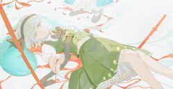  2girls absurdres black_bow black_bowtie black_hairband black_shoes blue_eyes blue_kimono bow bowtie collared_shirt green_skirt green_vest grey_hair hairband highres hitodama hitodama_print japanese_clothes kimono konpaku_youmu konpaku_youmu_(ghost) li_meng_shan multiple_girls saigyouji_yuyuko shirt shoes skirt skirt_set solo_focus touhou vest white_shirt 