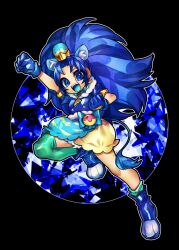  1girl animal_ears black_background blue_bow blue_choker blue_eyes blue_gloves blue_hair bow choker commentary_request crown_earrings cure_gelato earrings english_commentary food-themed_hair_ornament gloves hair_ornament jewelry kirakira_precure_a_la_mode lion_ears lion_tail magical_girl mixed-language_commentary open_mouth precure senmu_(0107) simple_background smile solo tail tategami_aoi 