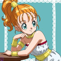 1girl absurdres armlet belt blue_background blue_eyes bracelet chrono_trigger gold_belt gold_bracelet gold_choker gold_necklace hair_pulled_back highres jewelry lace marle_(chrono_trigger) multiple_bracelets necklace nekomoni orange_hair romper table toriyama_akira_(style) white_romper 