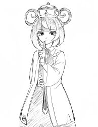  1girl arm_behind_back belt blunt_bangs bob_cut closed_mouth coat commentary_request dress eyelashes gloves greyscale gwynn_(pokemon) hat highres index_finger_raised long_sleeves mitune114 monochrome o-ring o-ring_belt partially_fingerless_gloves pokemon pokemon_legends:_z-a short_hair sketch solo white_coat 