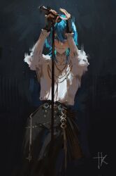  1girl belt belt_buckle black_background black_pants blue_eyes blue_hair blush buckle collared_shirt commentary concert cross cross_necklace english_commentary fingerless_gloves gloves hair_between_eyes highres holding holding_microphone hololive hoshimachi_suisei jewelry light_particles medium_hair microphone microphone_stand necklace painterly pants re_gulus shirt signature solo star_(symbol) star_in_eye symbol_in_eye white_shirt 