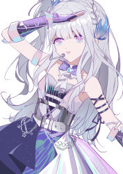  1girl absurdres anime_coloring arm_ribbon armlet ascot bare_shoulders belt black_corset black_dress black_ribbon blue_bow blue_bowtie blue_dress blue_eyes blunt_bangs bow bowtie braid brooch chain_belt chest_belt chinese_commentary collar collarbone commentary_request corset cowboy_shot cross-laced_armwear crown_braid detached_collar dot_nose dress dress_under_skirt feather_hair_ornament feathers fingerless_gloves frilled_gloves frills glint gloves gradient_eyes grey_hair hair_ornament hand_on_own_head happy headset highres idol infinity_nikki jewelry long_hair long_sidelocks multicolored_eyes multiple_belts nikki_(series) one_side_up open_mouth pleated_skirt purple_bow purple_gloves purple_skirt ribbon showgirl_skirt sidelocks simple_background skirt smile so_ni_ni solo standing star_(symbol) starry_nocturne_(infinity_nikki) strapless strapless_dress two-tone_dress very_long_hair violet_eyes wavy_hair white_ascot white_background white_belt white_collar wrist_bow 