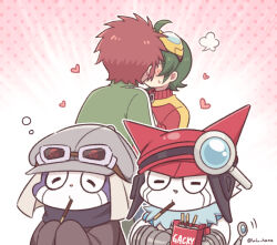 2boys appmon blue_skin blush closed_eyes colored_skin digimon digimon_universe:_appli_monsters food food_in_mouth gatchmon goggles goggles_on_head goggles_on_headwear green_hair hands_on_another's_chest hat heart helmet kiss lulu_hane magnifying_glass male_focus multicolored_skin multiple_boys offmon oversized_clothes ozora_yujin pocky pocky_in_mouth red_hair shinkai_haru simple_background tail two-tone_skin white_skin 