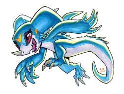  absurdres blue_skin claws colored_skin digimon digimon_(creature) highres horns no_humans open_mouth railroadlion red_eyes signature simple_background single_horn solo tail v-mon white_background 