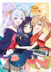  3girls animal_ears bare_shoulders black_hair blonde_hair blue_eyes blue_hair cho_kaguya-hime! commentary crescent crescent_hair_ornament forehead_jewel girl_sandwich green_eyes hair_ornament hair_rings hair_stick hand_on_another's_shoulder highres hug kaguya_(cho_kaguya-hime!) long_sleeves looking_at_viewer lop_rabbit_ears multicolored_hair multiple_girls open_mouth orange_eyes pink_hair rabbit_ears runami_yachiyo sakayori_iroha sandwiched shirota_(takoyaki_110721) smile twintails two-tone_hair white_hair wide_sleeves 