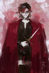  1boy black_boots black_hair black_shirt black_shorts boots cloak colored_skin commentary dagger earrings english_commentary evil_smile highres holding holding_dagger holding_knife holding_weapon jewelry knife looking_at_viewer multicolored_hair orange_eyes original painterly re_gulus red_cloak red_hair shirt shorts signature smile solo tarot teeth weapon white_skin 