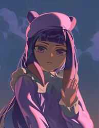  1girl absurdres blunt_bangs closed_mouth dress gradient_hair hat hechium highres hololive hololive_english long_hair looking_at_viewer mole mole_under_eye multicolored_hair ninomae_ina'nis orange_hair purple_dress purple_hair purple_hat solo tentacle_hair violet_eyes virtual_youtuber 