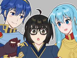  1boy 2girls :d :o ahoge artist_self-insert black_eyes black_hair blue_eyes blue_hair commentary eirika_(fire_emblem) female_kiran_(fire_emblem) fire_emblem fire_emblem:_mystery_of_the_emblem fire_emblem:_the_sacred_stones fire_emblem_heroes glasses hetero holding_hands kiran_(fire_emblem) long_hair maji_(majibomber) marth_(fire_emblem) multiple_girls oc_x_canon open_mouth short_hair smile untranslatable_commentary yuri 