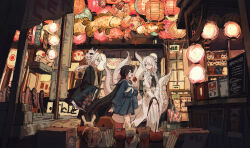  3girls bandaid bandaid_on_cheek bandaid_on_face bandaid_on_leg black_hair black_serafuku blue_serafuku blue_skirt borrowed_character candy_apple corn_dog festival food fox_mask hair_ornament hair_over_one_eye highres holding holding_food japanese_clothes kimono korean_commentary lantern long_hair long_sleeves low_ponytail mask mask_on_head mixed-language_commentary multiple_girls multiple_tails neckerchief open_mouth original paper_lantern ponytail sailor_collar scenery school_uniform serafuku skirt suction_cups tail tentacle_tail tentacles very_long_hair walking white_hair white_neckerchief wide_sleeves yigo_(iprgyi) 