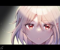  1girl brown_hair close-up closed_mouth commentary_request hair_ornament hairpin heaven_burns_red highres kayamori_ruka looking_at_viewer puyopiku red_eyes see-through_hair short_hair signature 