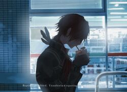  1boy black_gloves black_jacket cigarette fingerless_gloves gloves highres jacket lauren_iroas lauren_iroas_(1st_costume) lighting_cigarette long_hair long_sleeves looking_down male_focus nijisanji noznuc ponytail red_hair side_ponytail smoking solo storefront tile_wall tiles upper_body virtual_youtuber 