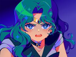  1girl aqua_hair bishoujo_senshi_sailor_moon blush choker circlet commentary kaiou_michiru long_hair magical_girl open_mouth sailor_neptune sailor_senshi_uniform savi_(byakushimc) short_sleeves solo sparkling_eyes sweatdrop wavy_hair 