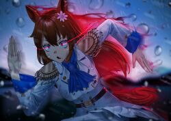  1girl absurdres animal_ears ascot belt black_belt blue_ascot breasts brown_hair commentary commission ear_flower epaulettes eye_trail flower hair_between_eyes hair_flower hair_ornament highres horse_ears horse_girl horse_tail jacket kincsem_(racehorse) light_trail long_hair manjo_(warito) medium_breasts mixed-language_commentary open_mouth original personification pixiv_commission red_aura red_eyes running skirt solo tail umamusume white_jacket white_skirt 