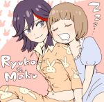  2girls applebrown brown_hair head_on_shoulder kill_la_kill mankanshoku_mako matoi_ryuuko midriff multicolored_hair multiple_girls navel pajamas short_hair sleeping smile two-tone_hair 