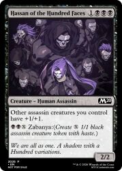  assassin assassin_(fate/zero) bald black_card black_cloak black_hood cloak dark-skinned_female dark-skinned_male dark_skin fake_trading_card fate/grand_order fate/zero fate_(series) highres magic:_the_gathering mask multiple_boys non-web_source ponytail skull skull_mask trading_card 